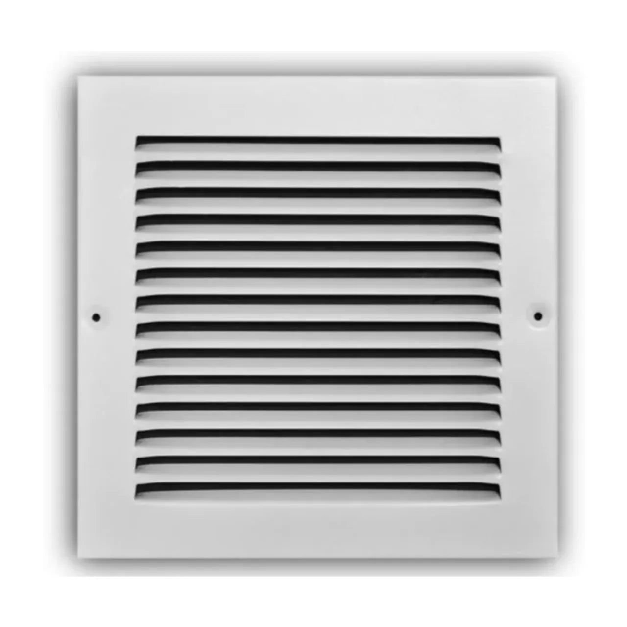 The Go Build 8 in. x 8 in. Steel Return Air Grille – White features horizontal slats and two side screw holes, offering durability and a clean look for your vent system.